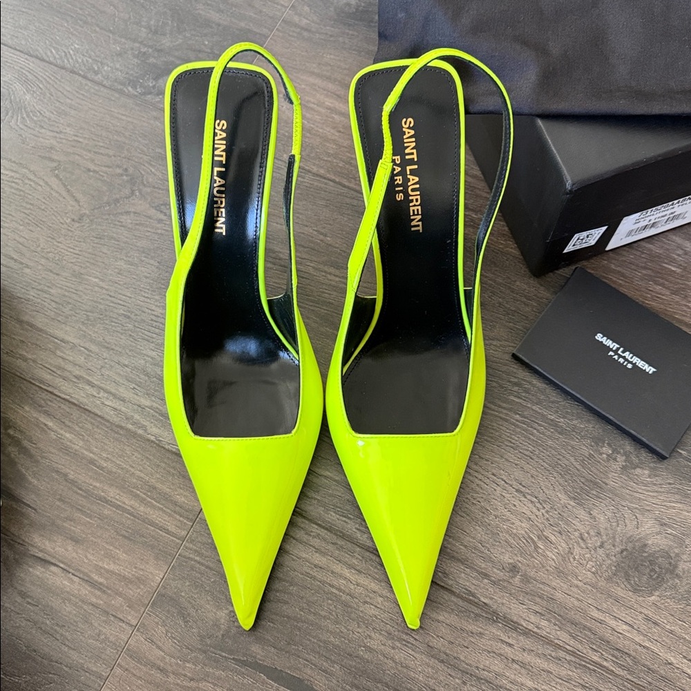 Saint Laurent Neon Lime Patent Slingback Pointed-Toe Heels